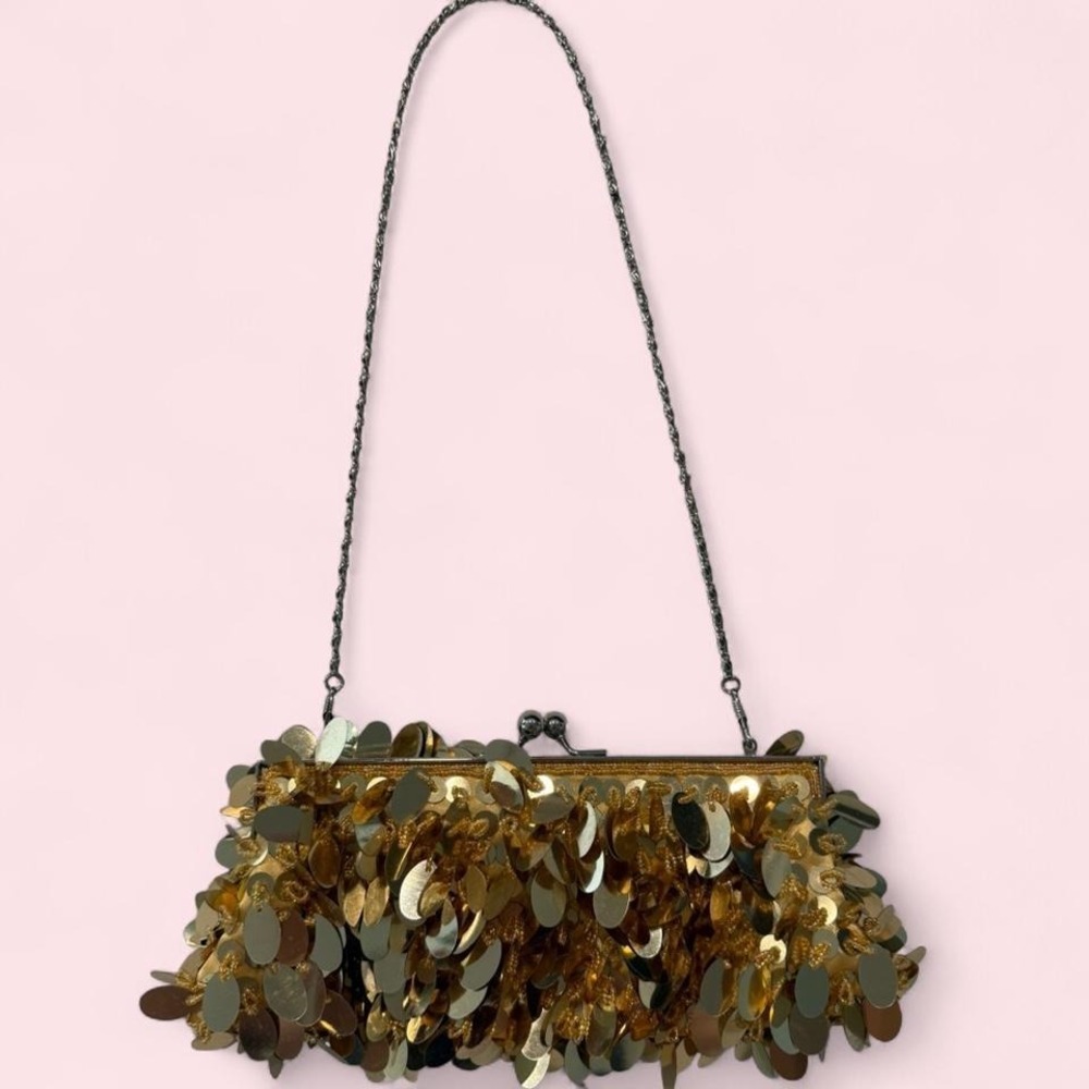 Vintage‎ Gold Large Paillette Sequin Clutch Purse Chain Strap Kiss Clasp